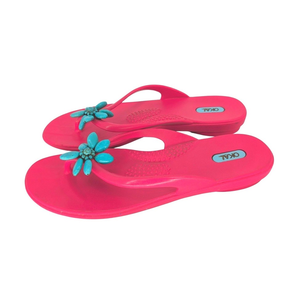Oka-B Flip Flop Sandals Womens L 10-11 Pink Turquoise Stone Flower Boho Flat